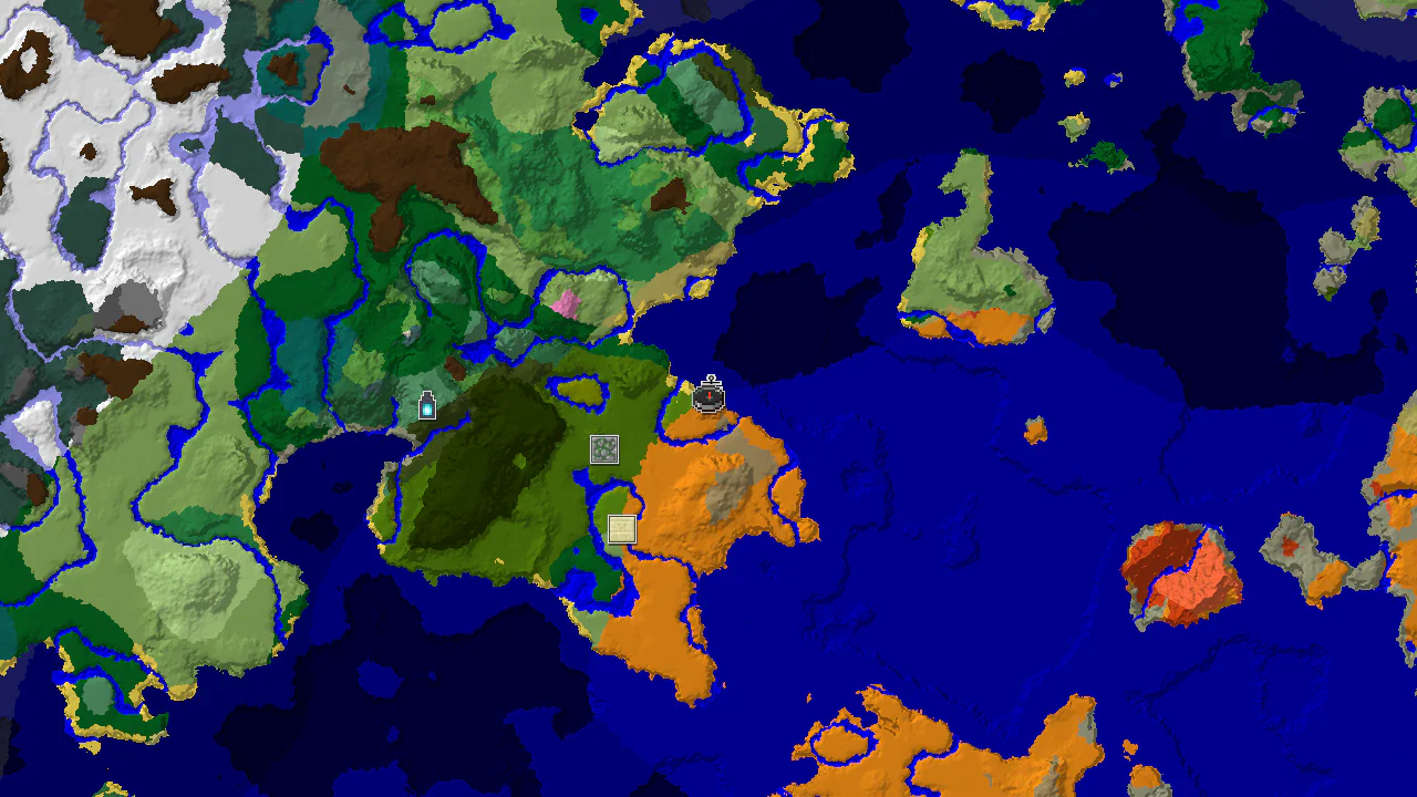 A 2D biome map centered on spawn, showing plains, warm ocean, jungle, and wooded badlands with markers for a shipwreck, jungle temple, and desert pyramid.