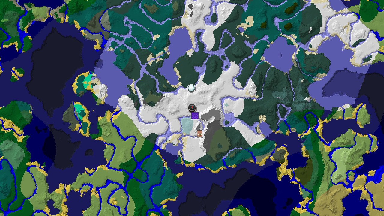 A 2D biome map centered on spawn, showing a large area of snowy plains with an Ice Spikes biome to the north and various other cold biomes surrounding.
