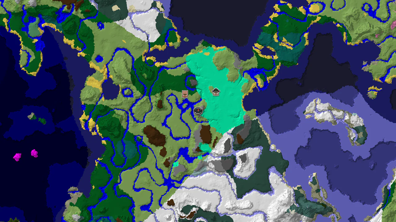 A 2D biome map centered on spawn, showing the starting Windswept Gravelly Hills, a nearby village, and a large icy biome to the north.