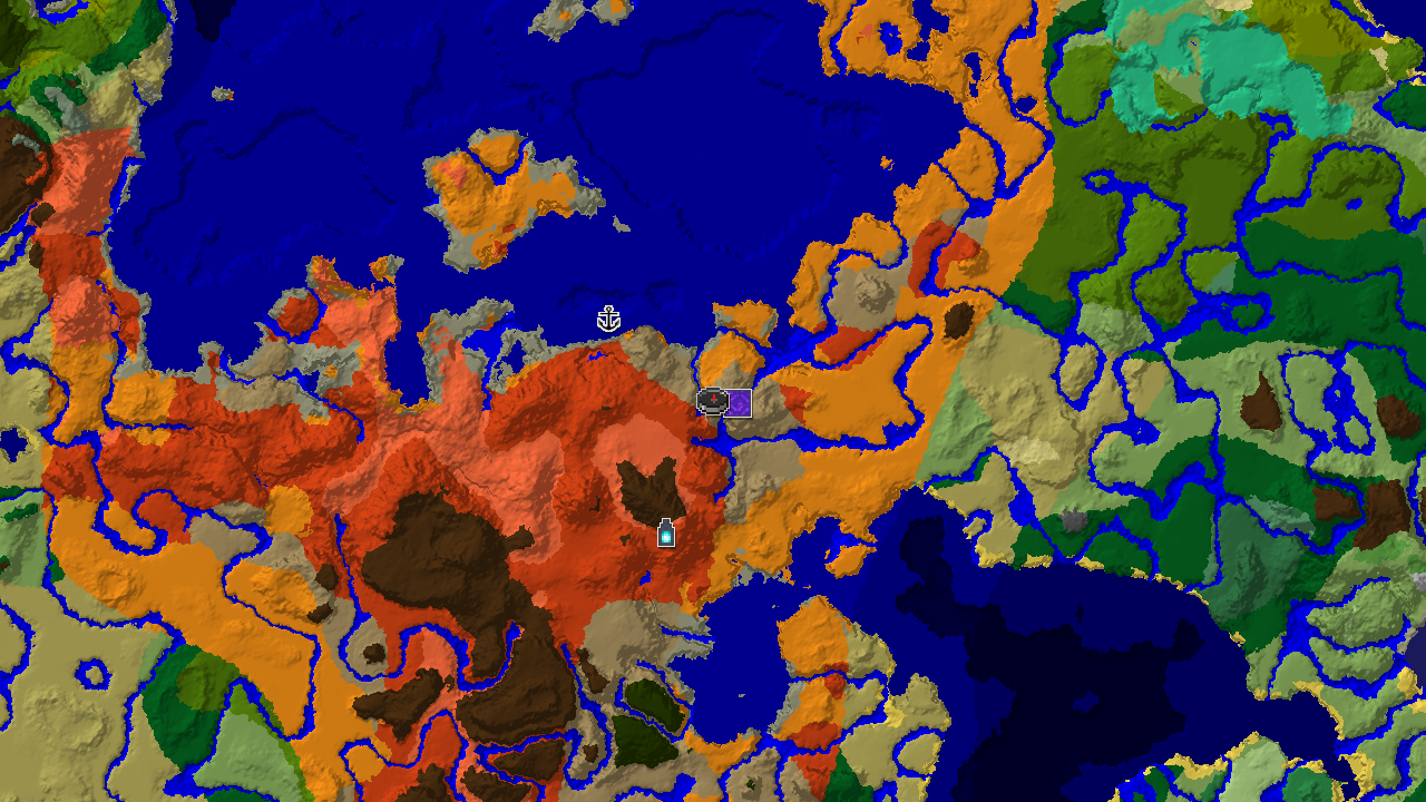 A 2D biome map centered on spawn, showing a large Wooded Badlands at spawn, bordered by Desert, Badlands, and a significant Warm Ocean area, with markers for a Ruined Portal, Shipwreck, and Ancient City.