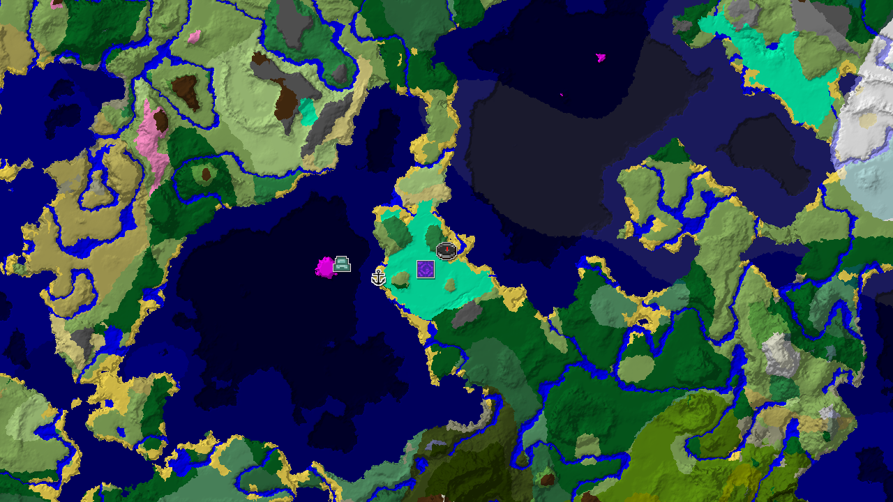 A 2D biome map centered on spawn, showing a Flower Forest to the east, a Ruined Portal to the north, and an Ocean Monument further west in the ocean.