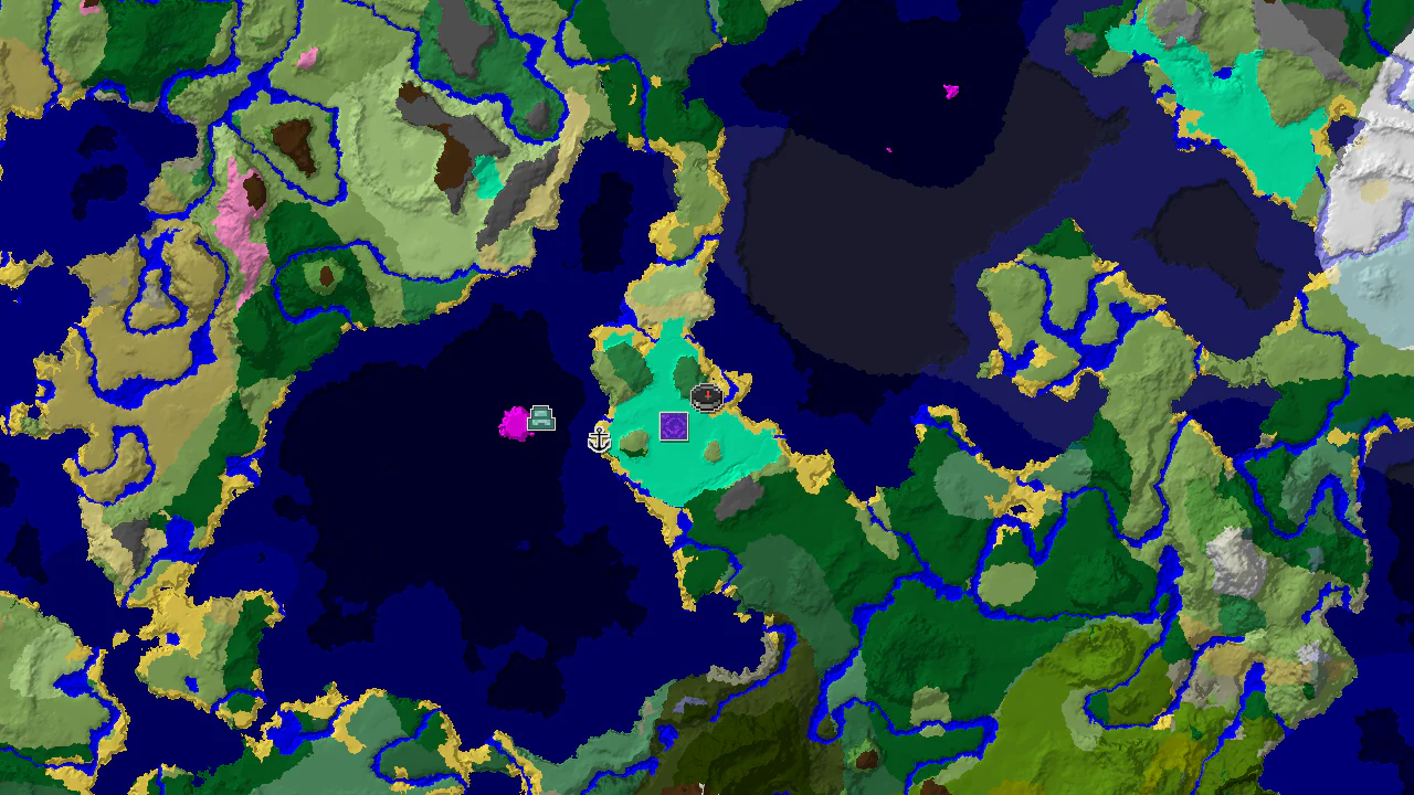 A 2D biome map centered on spawn, showing a Flower Forest to the east, a Ruined Portal to the north, and an Ocean Monument further west in the ocean.