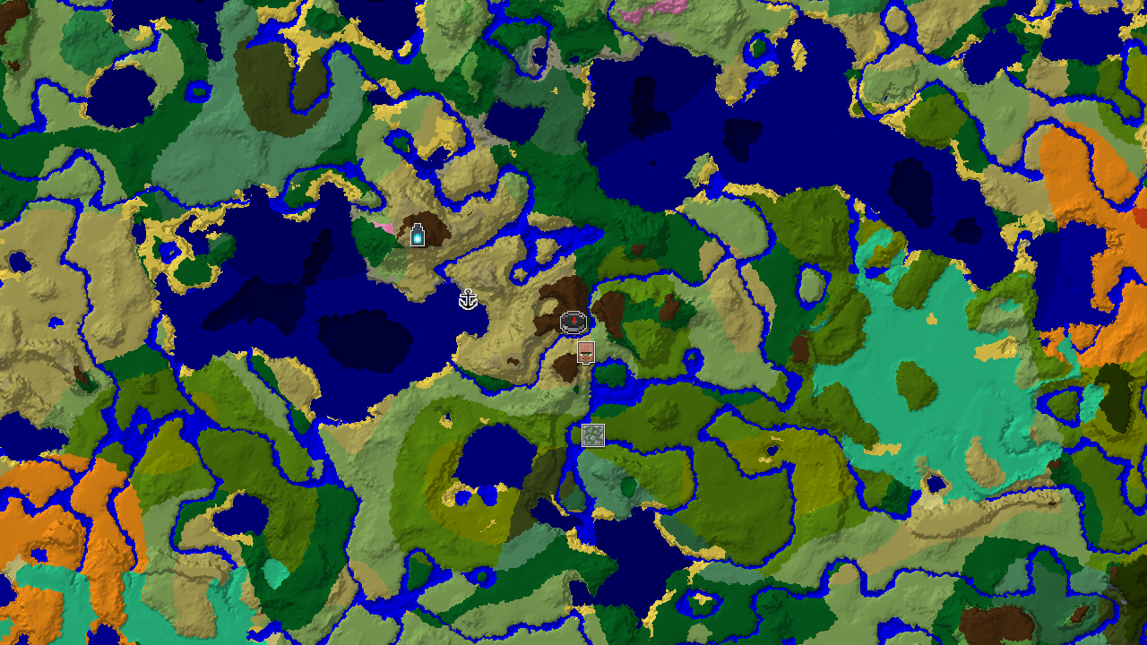 A 2D biome map centered on spawn, showing Savanna, Forest, and River biomes, with markers for a village, shipwreck, and jungle temple.