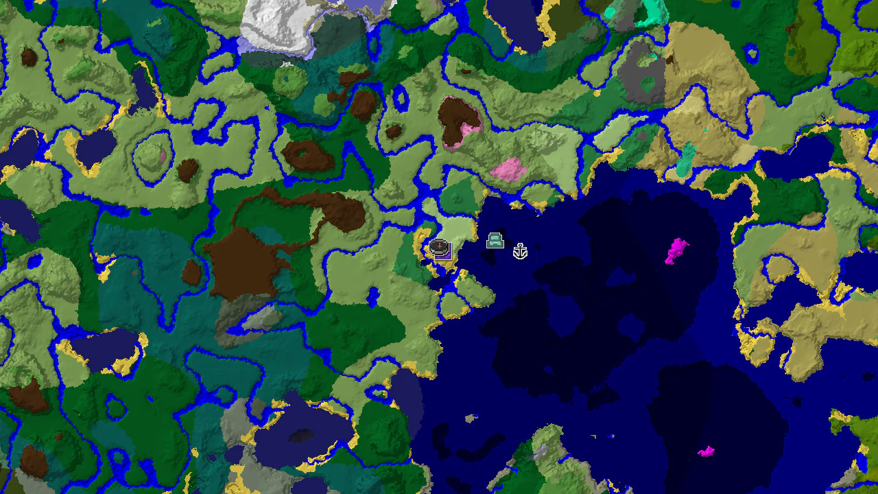 A top-down 2D biome map centered on spawn, showing a large plains area, a nearby flower forest, and multiple ocean biomes with a shipwreck and monument marked.