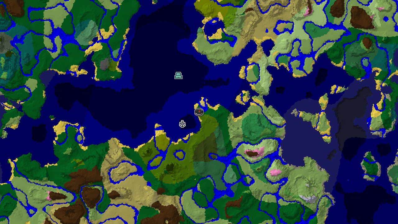 A top-down 2D biome map centered on the spawn point, marked with a player icon. Markers indicate a nearby Shipwreck and an Ocean Monument. Surrounding biomes include Forest, Lukewarm Ocean, and Jungle.