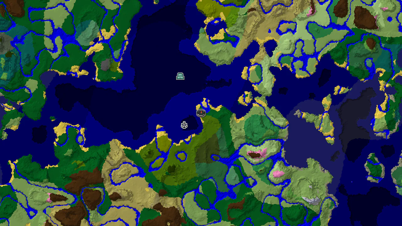 A top-down 2D biome map centered on the spawn point, marked with a player icon. Markers indicate a nearby Shipwreck and an Ocean Monument. Surrounding biomes include Forest, Lukewarm Ocean, and Jungle.
