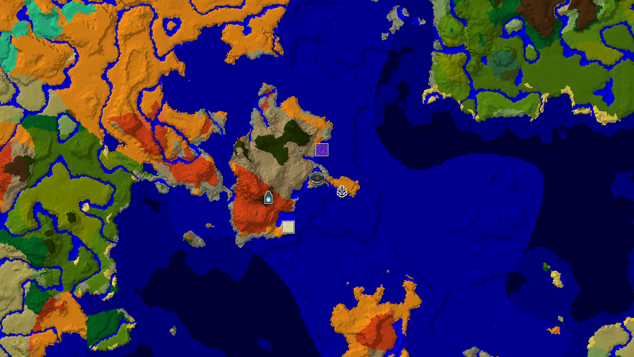 A 2D biome map centered on a desert spawn, showing nearby warm ocean, wooded badlands, and markers for an Ancient City, shipwreck, and ruined portal.