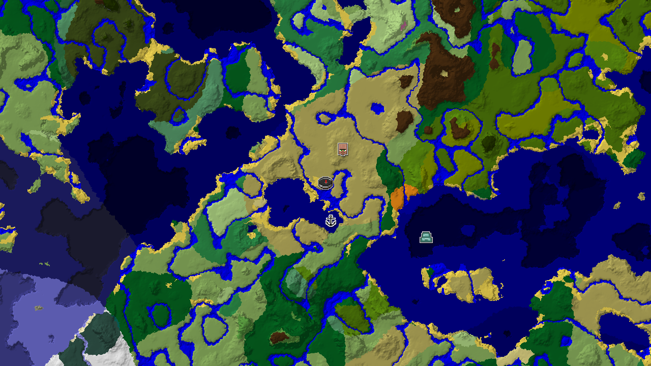 A top-down 2D biome map centered on the spawn point, showing savanna, river, beach, and ocean biomes, with markers for a nearby village and shipwreck.