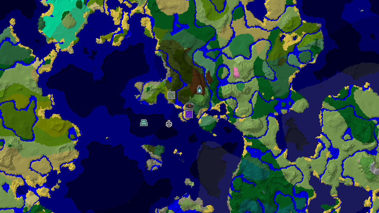 A 2D biome map centered on spawn, showing an Ancient City to the south, a Ruined Portal and Shipwreck to the north, and a Jungle Temple to the southeast.