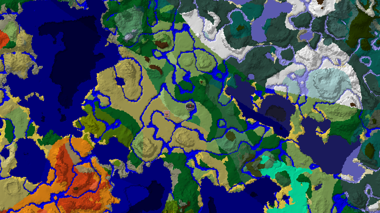 A 2D biome map centered on spawn, showing plains, savanna, and a flower forest, with a village marker to the west.