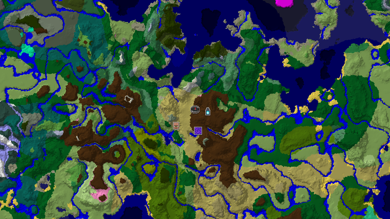 A top-down 2D biome map centered on spawn, showing a savanna spawn next to a dark forest, with markers for an Ancient City, a Ruined Portal, and a Village.
