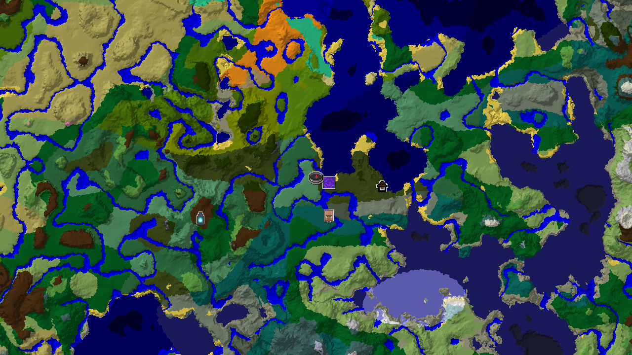 A 2D biome map centered on spawn, showing a large dark forest, nearby oceans, rivers, and various other biomes, with markers for structures.