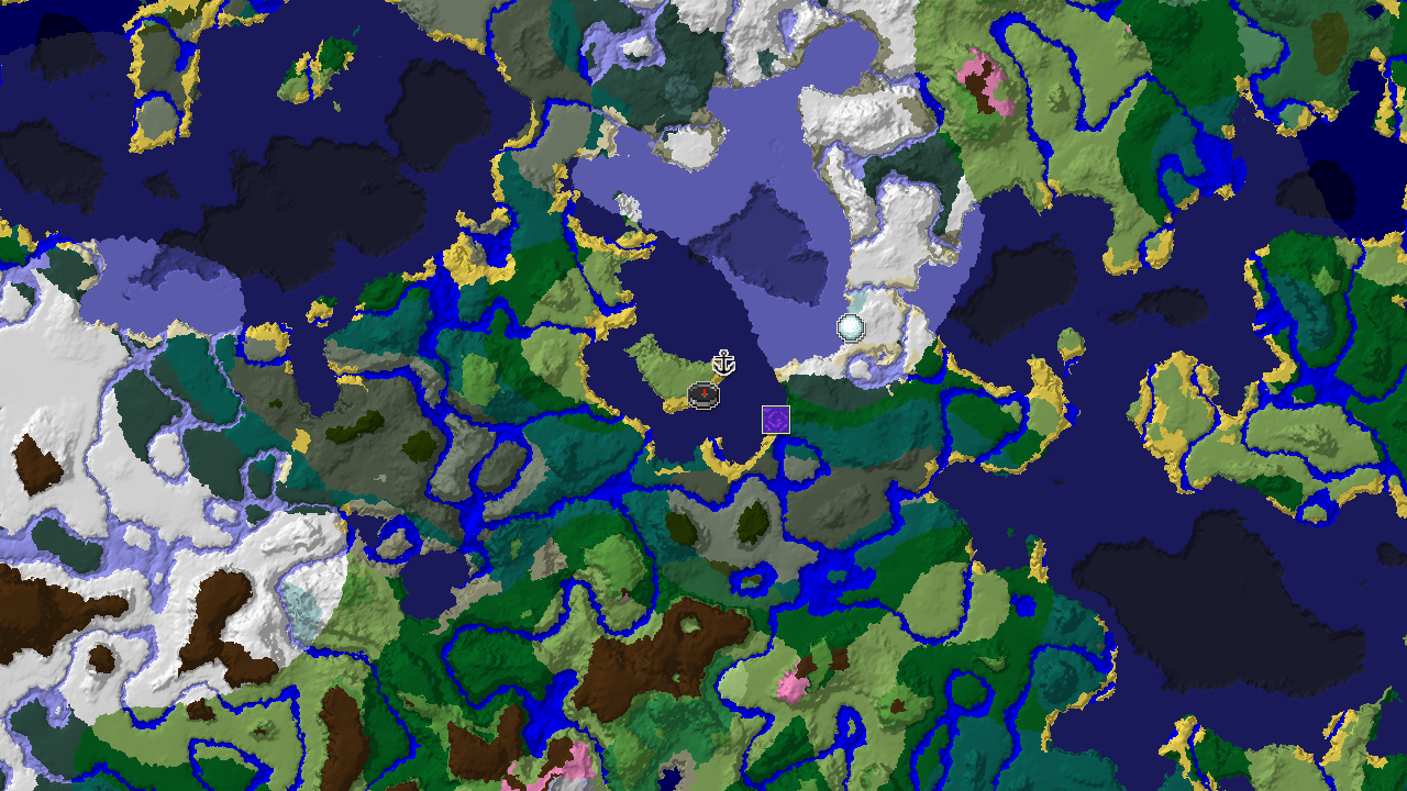 A 2D biome map centered on spawn, showing a beach next to cold ocean, surrounded by plains and various taiga forests. Markers indicate a shipwreck and a ruined portal.
