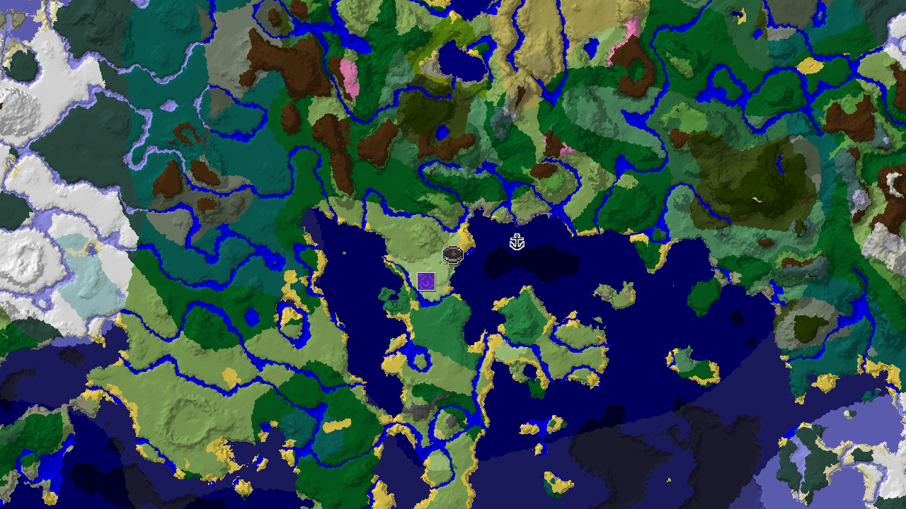 A 2D biome map centered on spawn, showing a large blue ocean biome to the west and south, with green plains and forest biomes to the east, and markers for a Ruined Portal and Shipwreck.