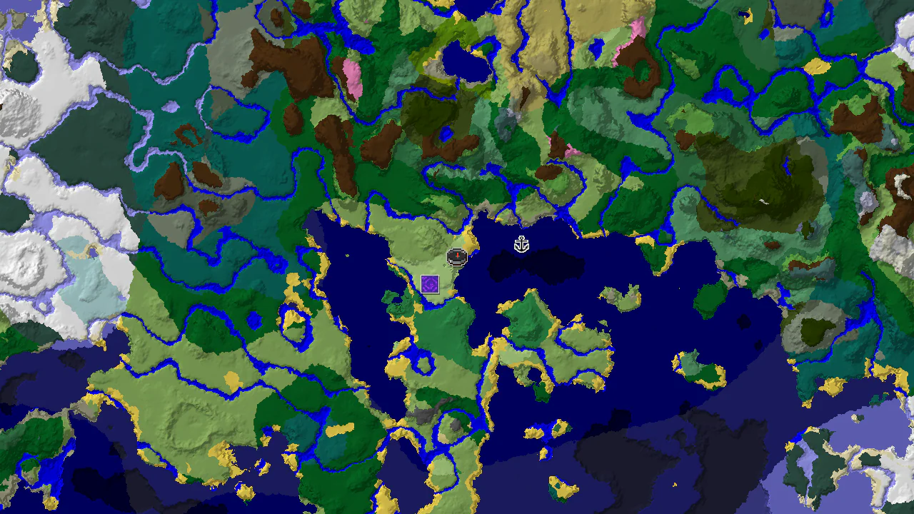 A 2D biome map centered on spawn, showing a large blue ocean biome to the west and south, with green plains and forest biomes to the east, and markers for a Ruined Portal and Shipwreck.