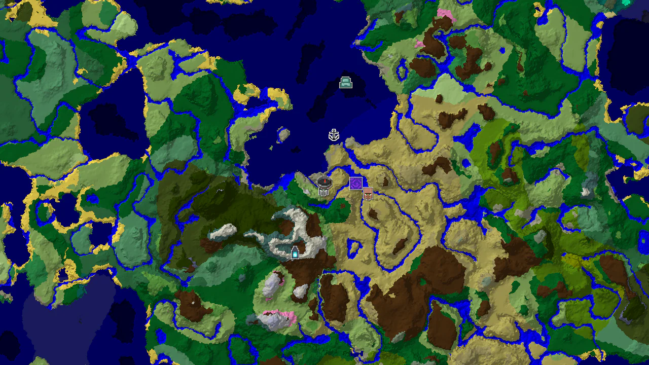 A 2D biome map centered on the spawn point, marked in a savanna, with markers for an Ancient City and a Pillager Outpost.
