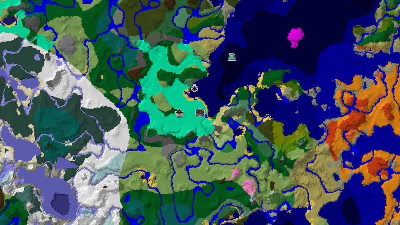 A 2D top-down biome map centered on the swamp spawn point, showing nearby forest, plains, and ocean biomes, with markers for a witch hut and shipwreck.