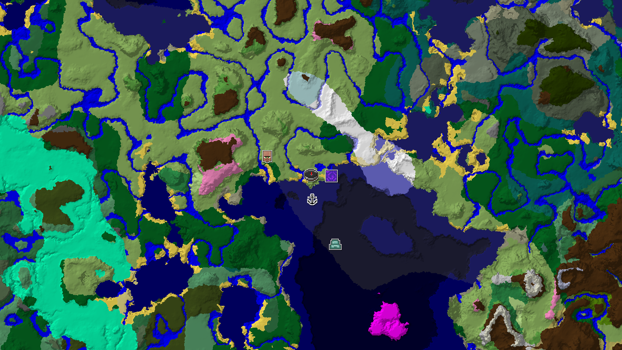 A top-down 2D biome map centered on spawn, showing a large Plains area with nearby Cold Ocean and Forest biomes, and markers for a Ruined Portal, Shipwreck, and Village.