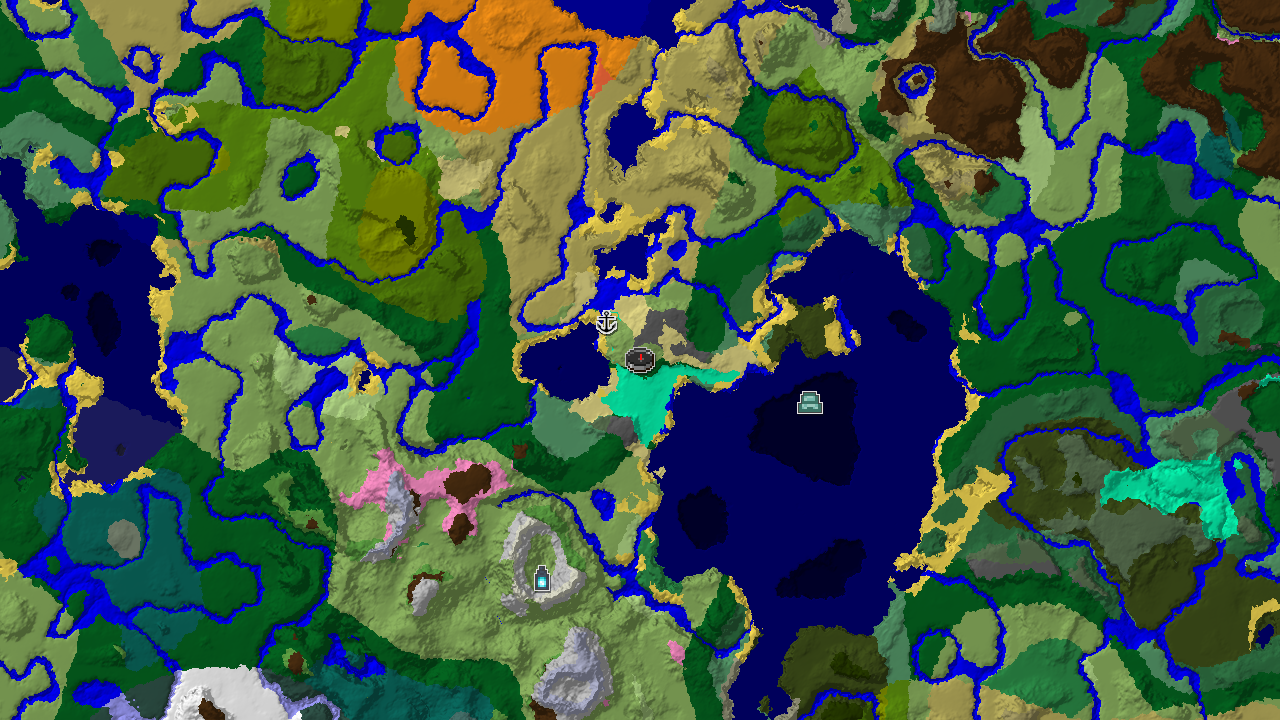 A top-down 2D biome map centered on spawn, showing a plains biome at spawn, an Ancient City to the south, and a shipwreck to the northwest.