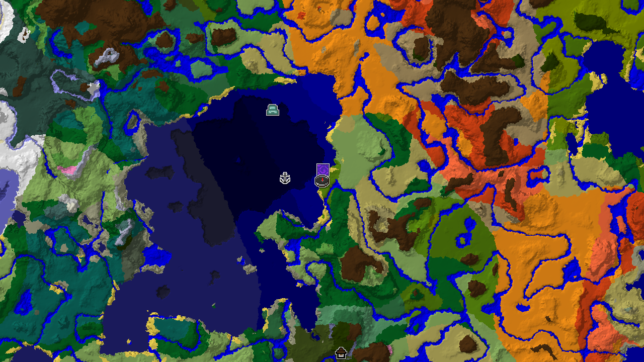 A 2D biome map centered on the spawn point in a sparse jungle, showing nearby ocean, forest, and plains biomes, with markers for a ruined portal and shipwreck.