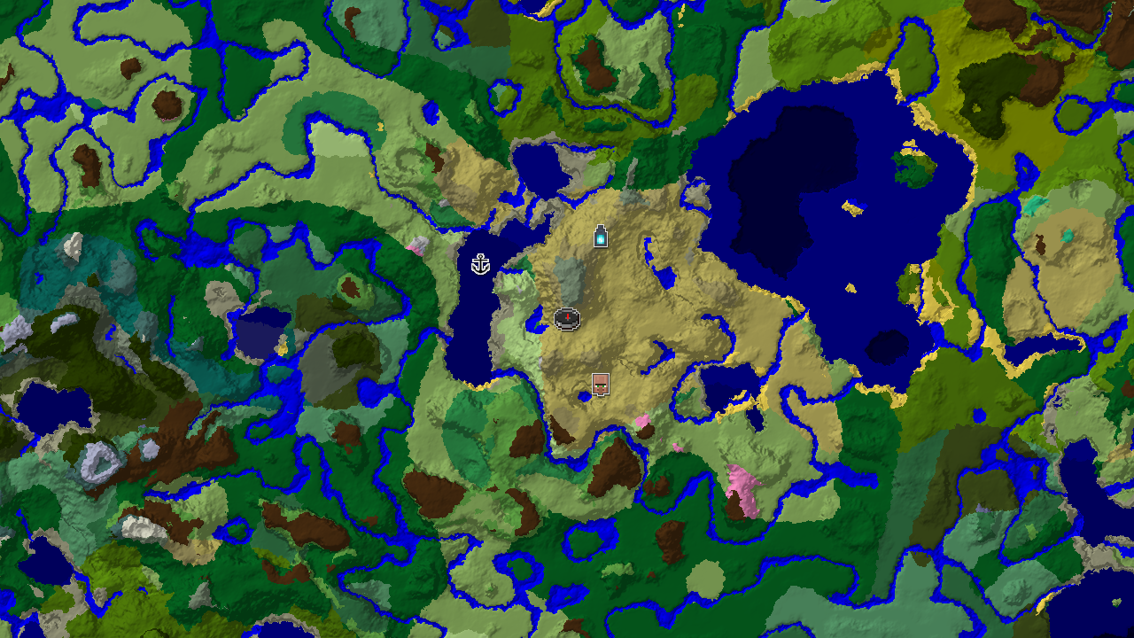A 2D biome map centered on spawn, showing a large savanna, plains, and forest, with markers for a village, shipwreck, and ancient city.