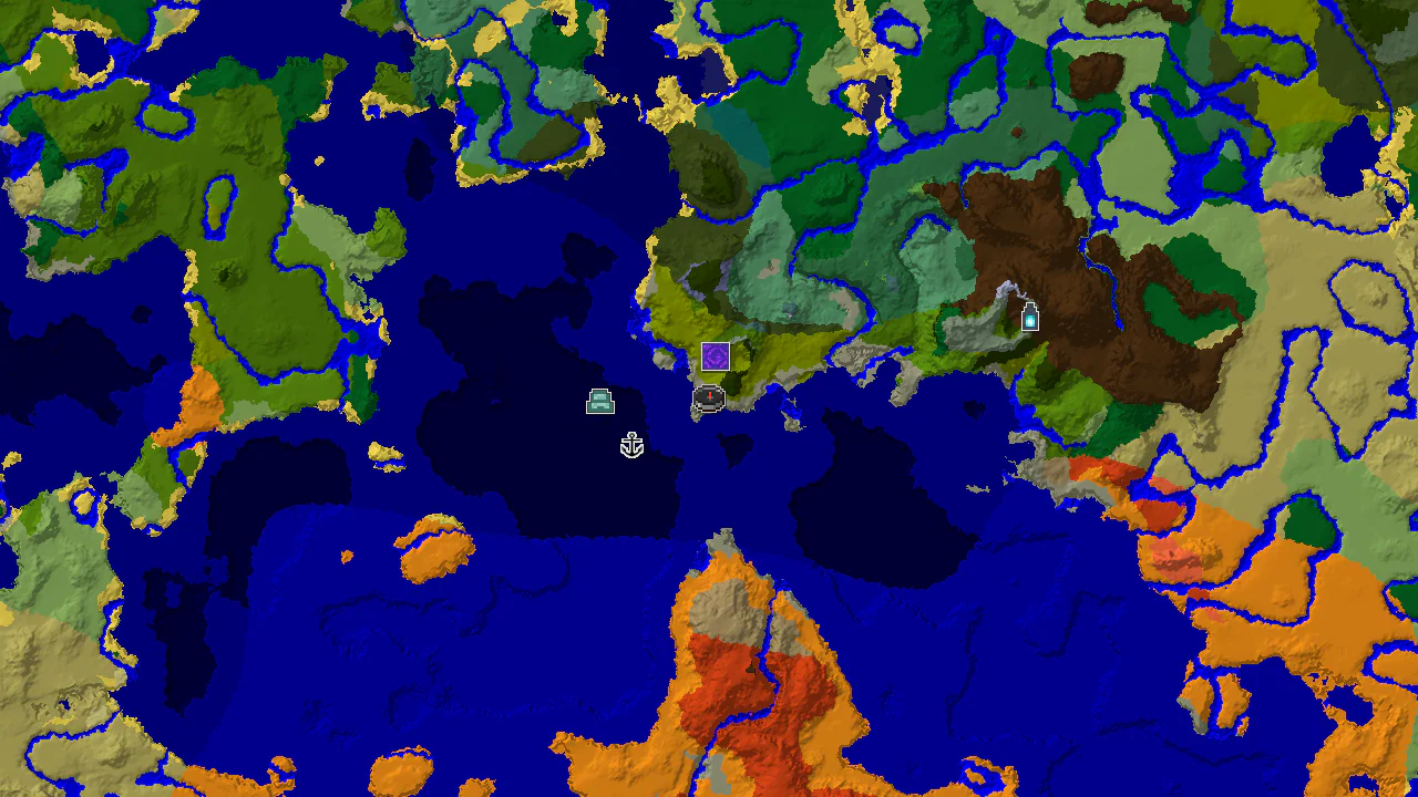 A top-down 2D biome map centered on the spawn point, marked within a Bamboo Jungle, with markers for a nearby shipwreck and an ocean monument.
