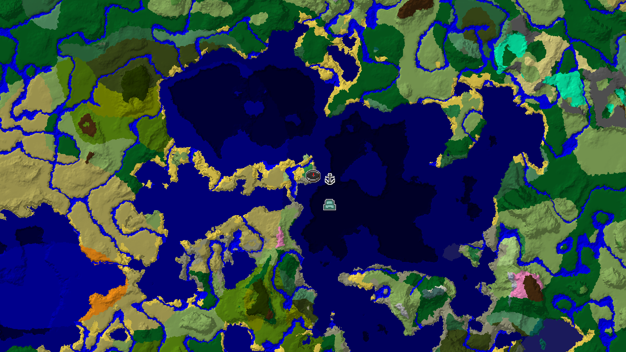 A 2D biome map centered on spawn, showing plains, ocean, and a nearby Flower Forest, with markers for a Shipwreck and an Ocean Monument.