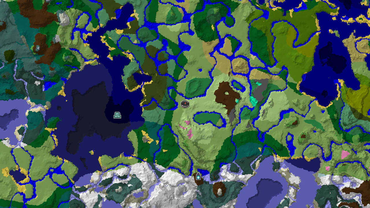 A 2D biome map centered on spawn, showing a large plains area with a Flower Forest about 143 blocks away, an Ocean Monument to the west, and an Ancient City to the south.