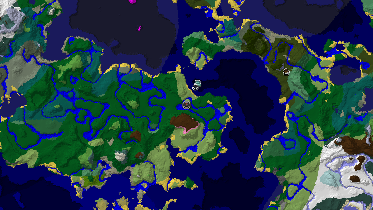 A 2D biome map centered on spawn, showing a Forest spawn next to a Cherry Grove, with markers for a Shipwreck and an Ocean Monument.
