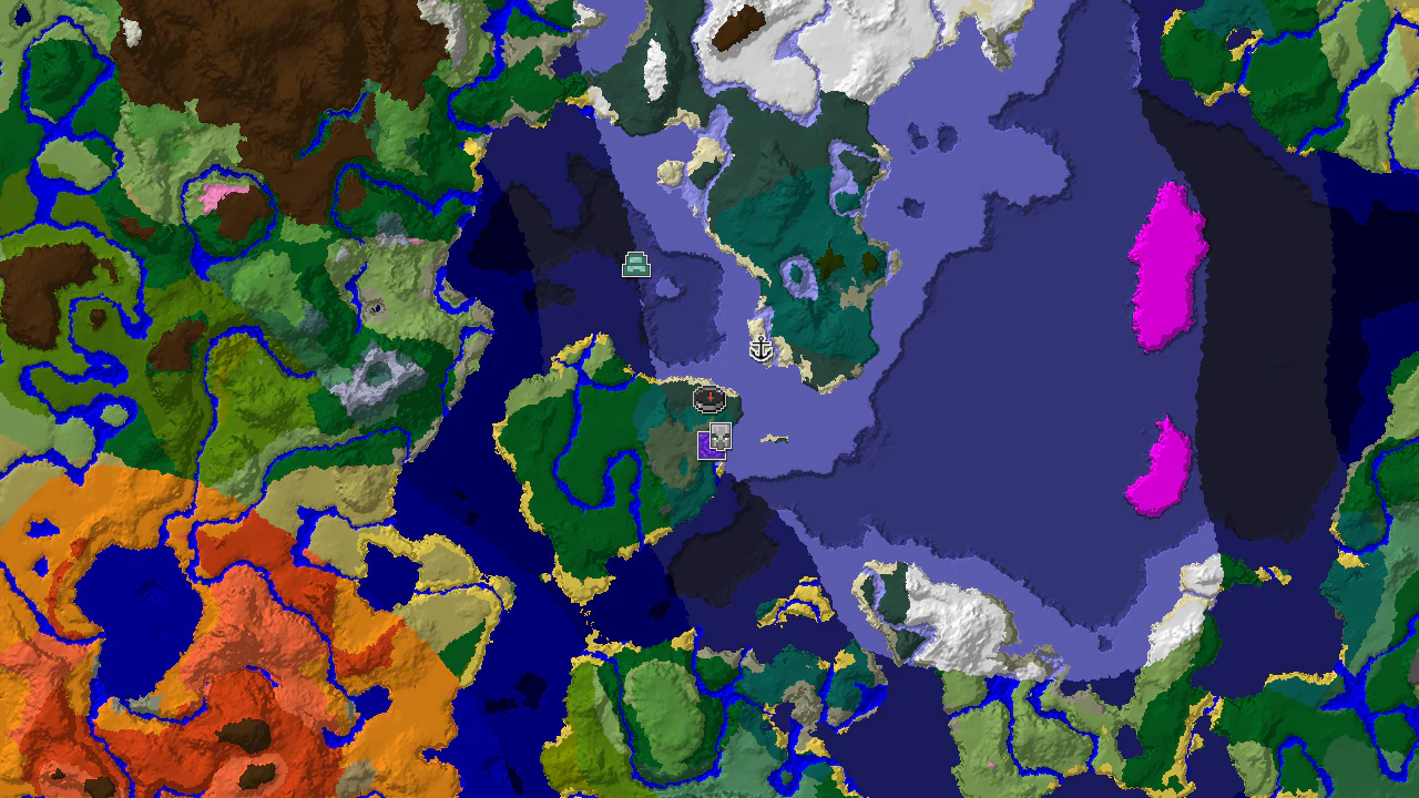 A 2D biome map centered on the spawn point, showing snowy taiga, frozen ocean, and various cold biomes with markers for a Pillager Outpost, Ruined Portal, Shipwreck, and Ocean Monument.