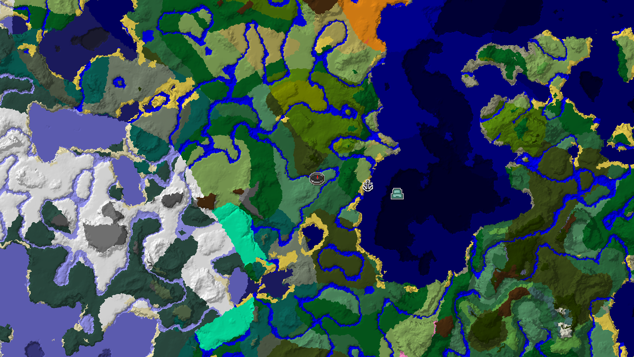 A 2D biome map centered on spawn, showing an Old Growth Birch Forest spawn, surrounded by various forests, rivers, and an Ocean Monument marker.