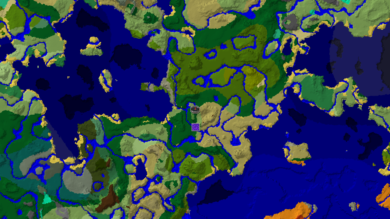 A 2D biome map centred on spawn, showing a vibrant mix of forest, jungle, and savanna biomes.