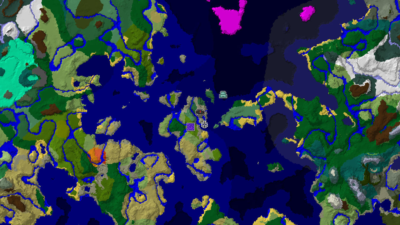 A 2D biome map centered on spawn, showing Birch Forest, Ocean, and Lukewarm Ocean, with markers for a Ruined Portal, Shipwreck, and Ocean Monument.