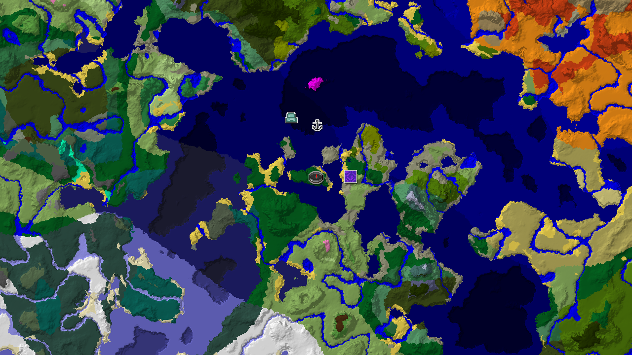 A 2D biome map centered on the spawn point, showing Forest, Ocean, River, and Beach biomes, with markers for a Ruined Portal, Shipwreck, and Ocean Monument.