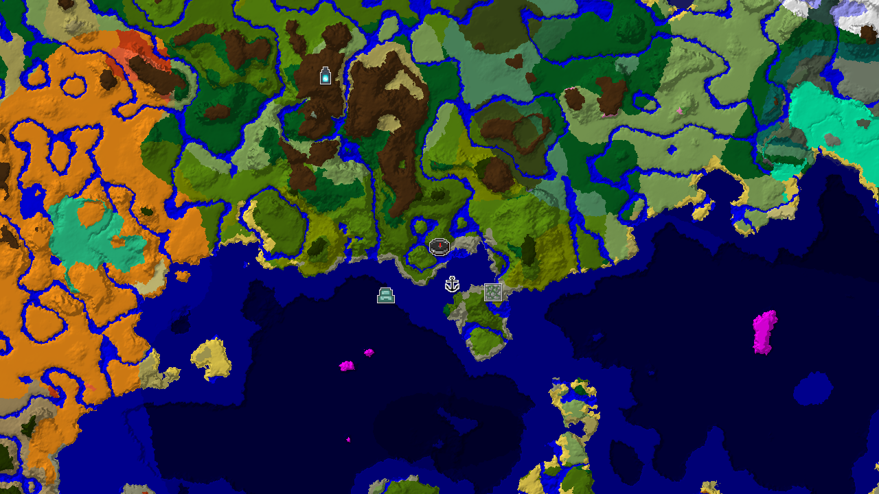 A top-down 2D biome map centered on spawn, showing a large jungle area, surrounding oceans, and markers for a shipwreck, jungle temple, and ocean monument.