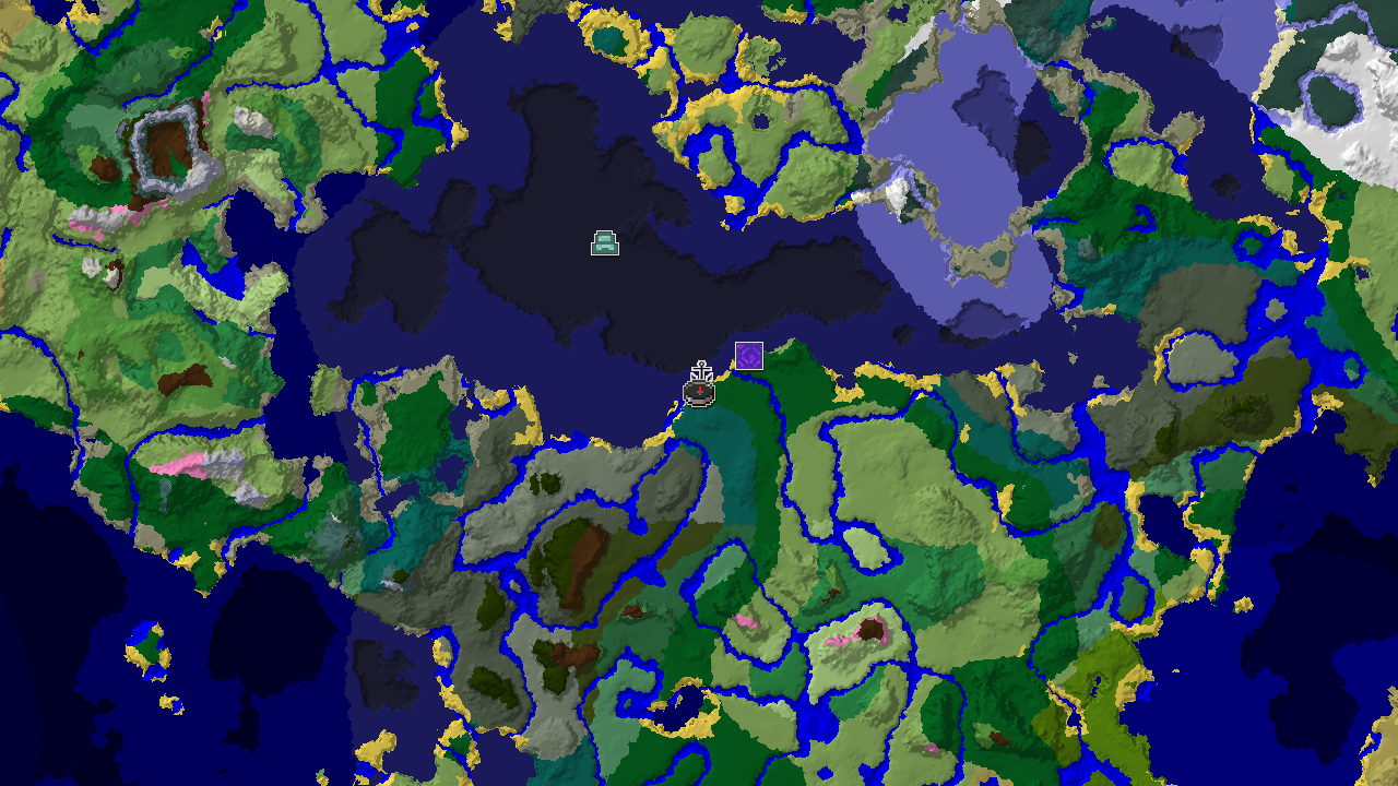 A 2D biome map centered on spawn, showing spawn in a forest, with a shipwreck nearby and an ocean monument to the southwest.