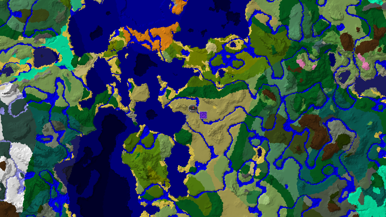 A top-down 2D biome map showing a savanna spawn surrounded by river, ocean, forest, and various jungle biomes, with a ruined portal marker.
