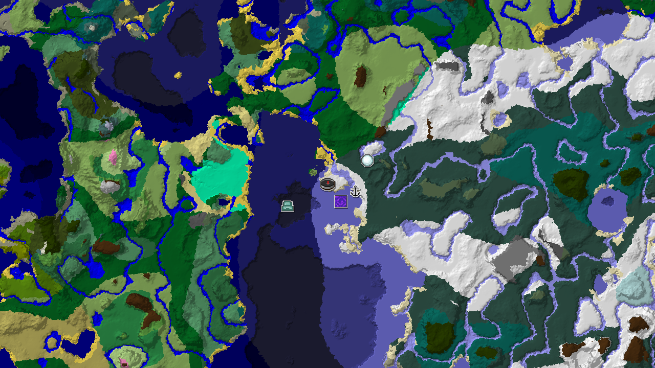 A 2D biome map centered on spawn, showing spawn in Snowy Plains with nearby markers for a Ruined Portal, Shipwreck, Ocean Monument, and Igloo amidst various cold biomes.