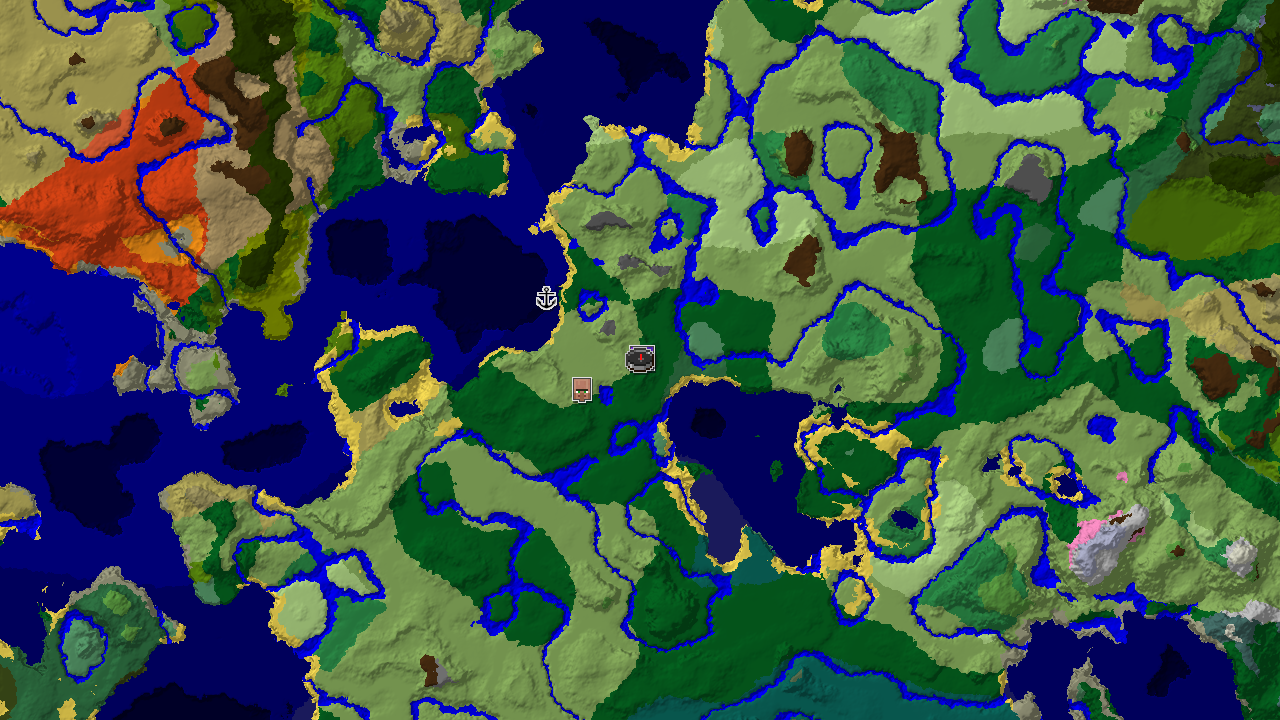 A 2D biome map centered on spawn, showing a large forest and plains area, with markers for a village and a ruined portal.