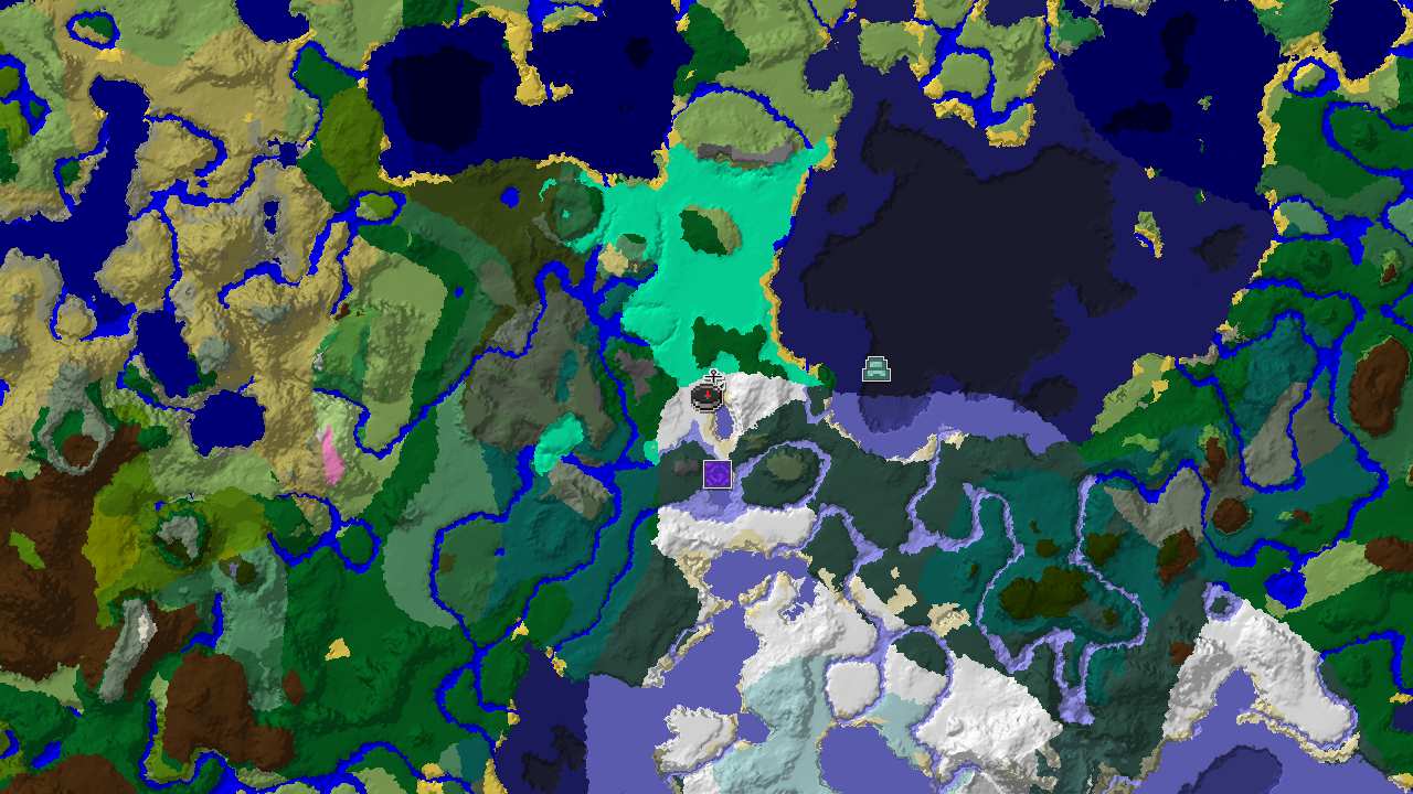 A top-down 2D biome map centered on spawn, showing snowy plains, swamps, taigas, and various ocean biomes, with markers for a shipwreck and an ocean monument.