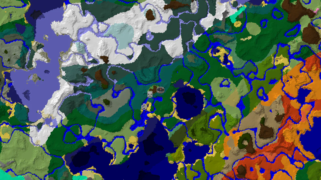 A top-down 2D biome map centered on the spawn point, marked, with a Pillager Outpost and Shipwreck also marked.