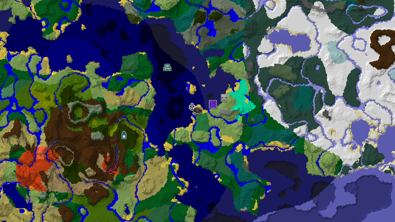 A 2D biome map centered on a Flower Forest spawn, showing nearby oceans, beaches, and various structures.