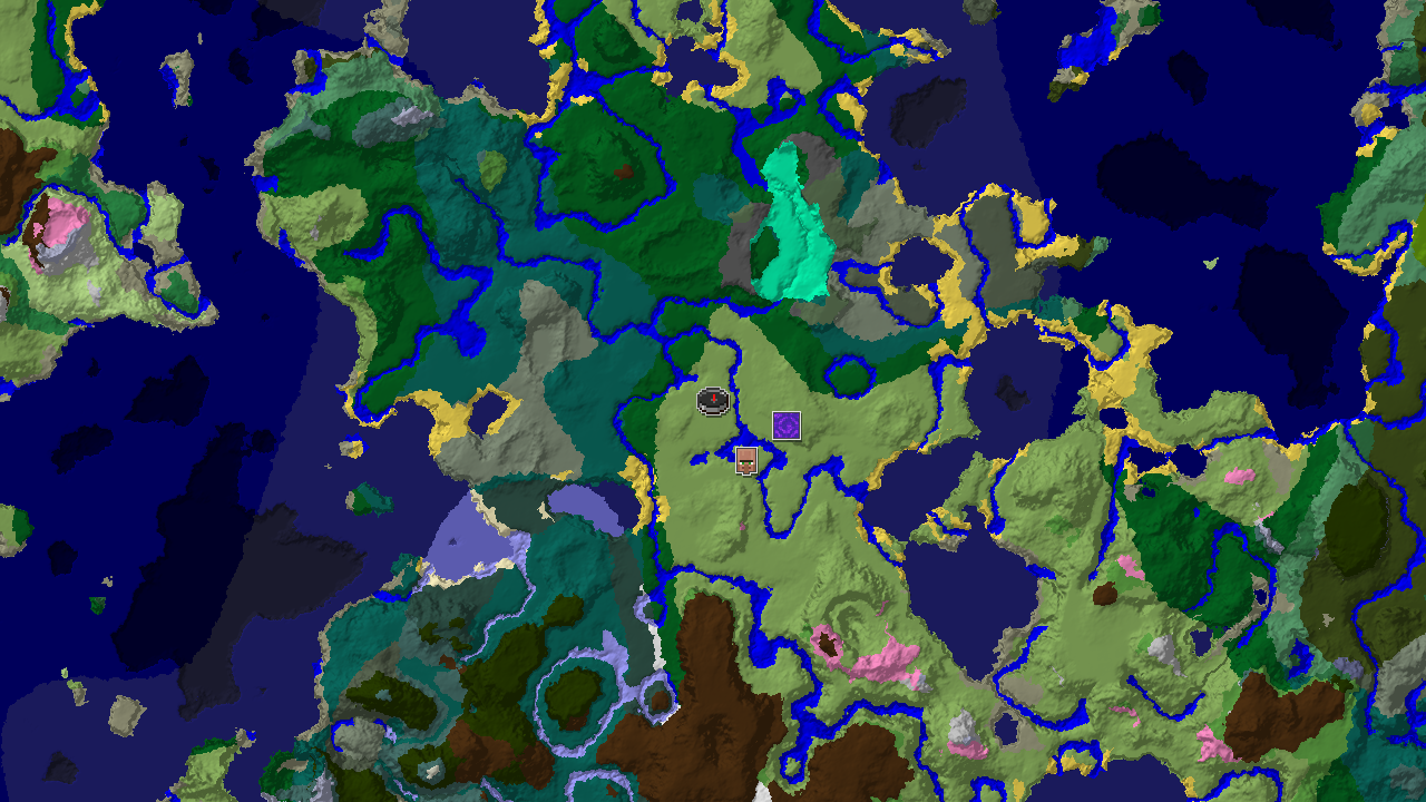 A 2D biome map centered on spawn, showing a nearby village and ruined portal, with plains, taiga, and cold ocean biomes prominent.