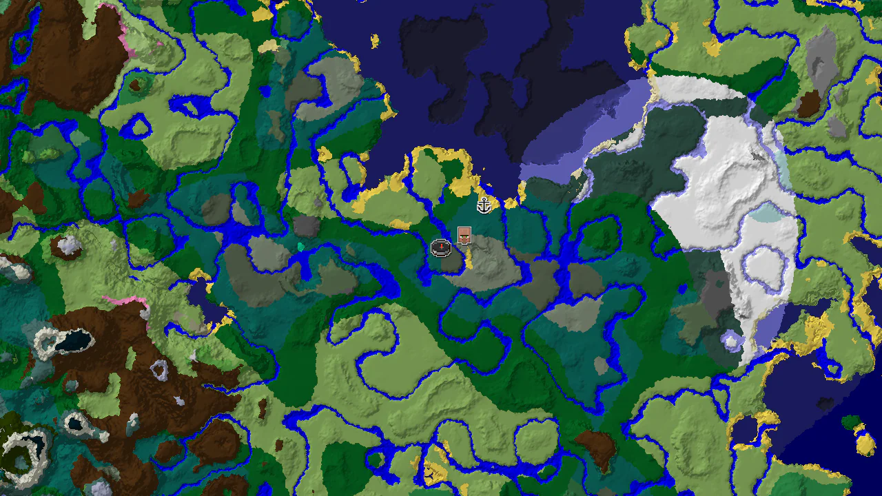 A 2D biome map centered on the spawn point, showing taiga, forest, and river biomes, with markers for a nearby village and shipwreck.