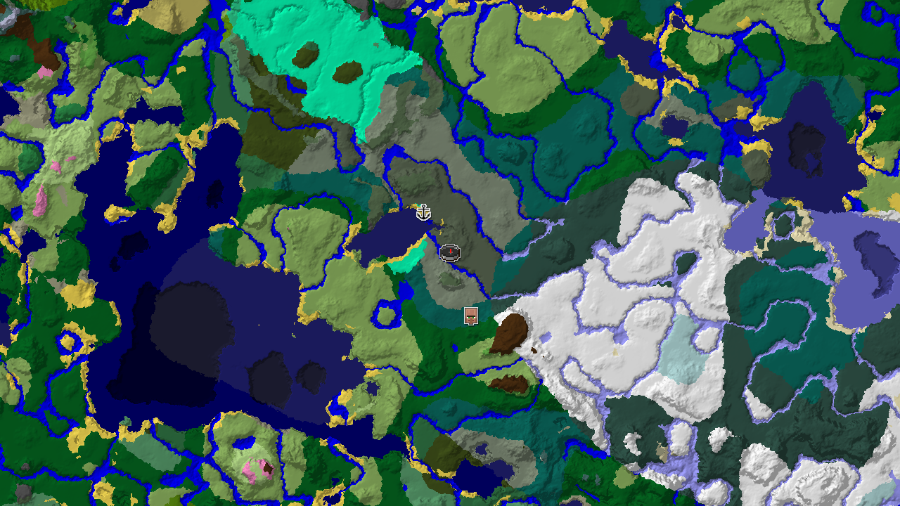 A top-down 2D biome map centered on spawn, showing Old Growth Pine Taiga, Taiga, and Snowy Plains with markers for a village and a shipwreck.