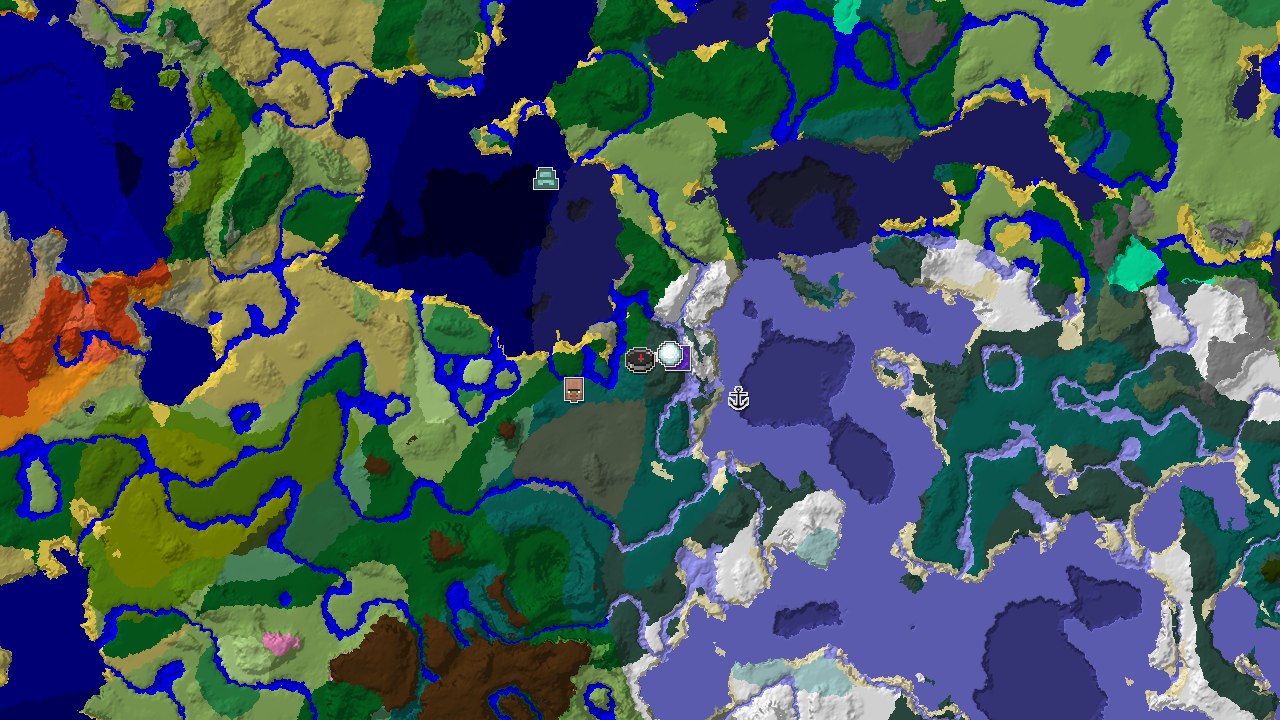 A 2D top-down biome map centered on spawn, showing a forest spawn with a village to the west, an igloo to the east, and expansive frozen oceans to the north.