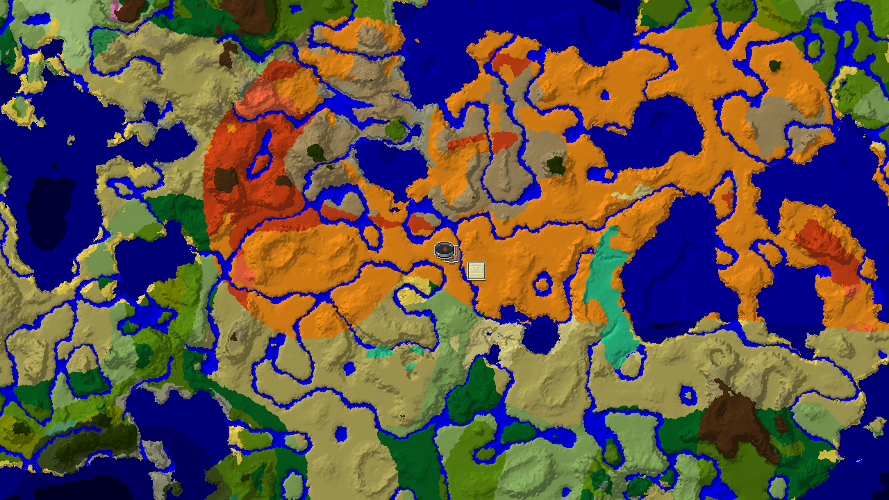 A 2D biome map centered on the spawn point, marked in a desert biome, with a nearby village marker.