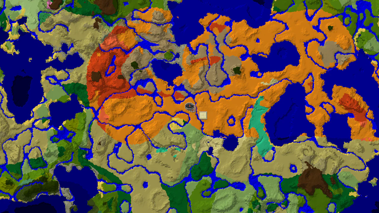 A 2D biome map centered on the spawn point, marked in a desert biome, with a nearby village marker.