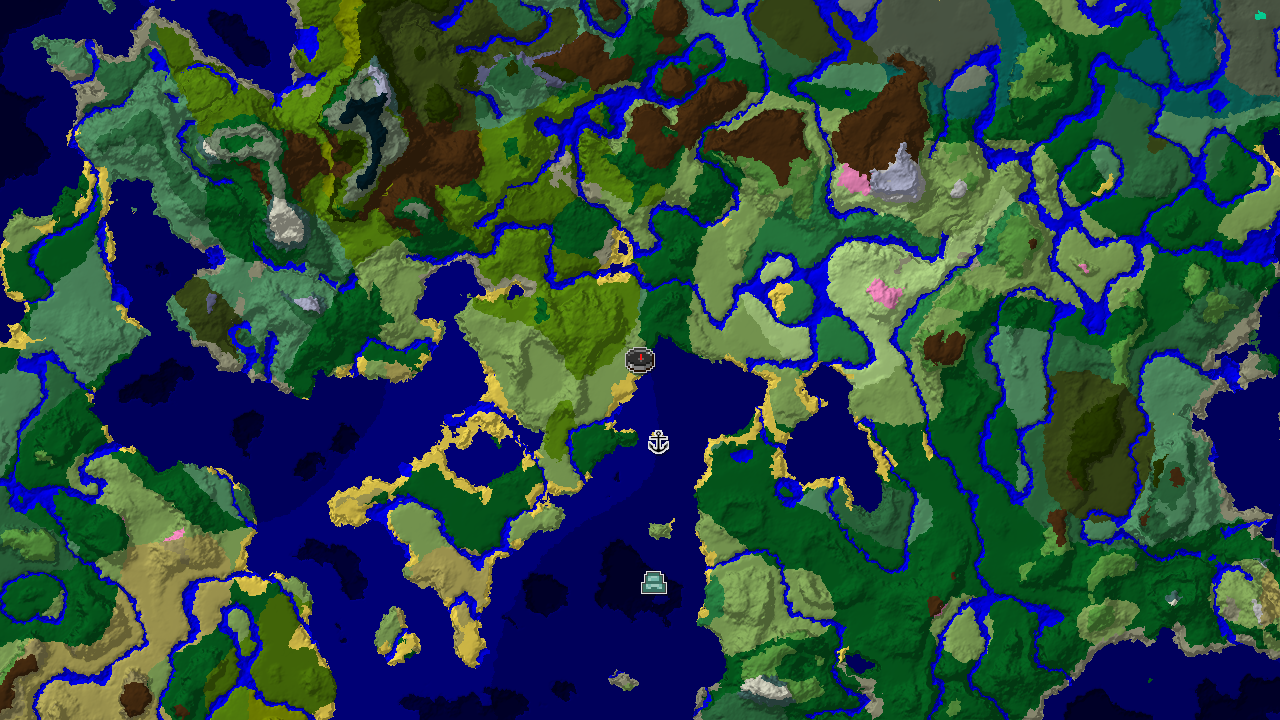 A 2D biome map showing plains at the center spawn point, with nearby oceans, forests, and jungles, and markers for a shipwreck and an ocean monument.