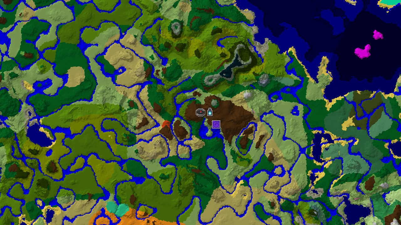 A 2D top-down biome map centered on spawn, showing an Ancient City marker to the north and a Ruined Portal to the east, with various biomes including Forest, Plains, and Jungle.